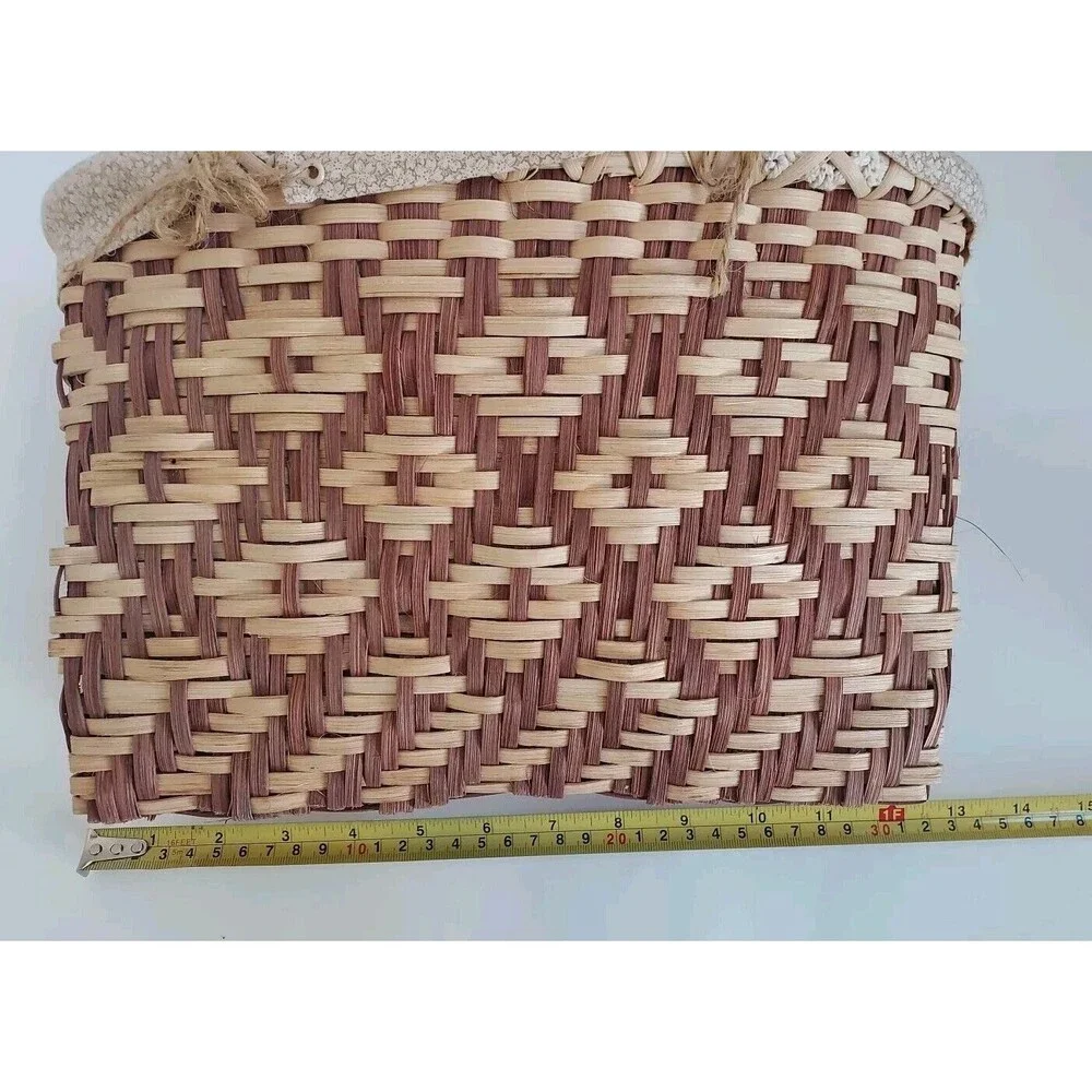Vintage Handmade Brown & Tan Woven Basket Lined Tote Handbag W/Crochet Handles